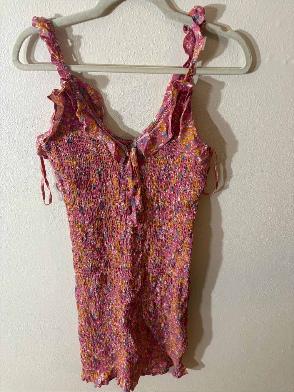 Japna Pink & Yellow Floral Smocked Mini Dress